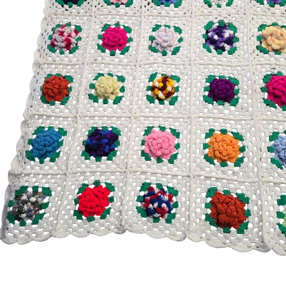 Vintage 3D Crochet Granny Square Blanket Floral White Handmade Afghan Throw